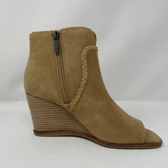 Lucky Brand Lureli Wedge Booties 9 Suede Open Toe Stacked Heel Leather Tan - Picture 5 of 8